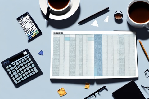 A general ledger book open with various columns and rows filled with abstract shapes and symbols to represent financial entries