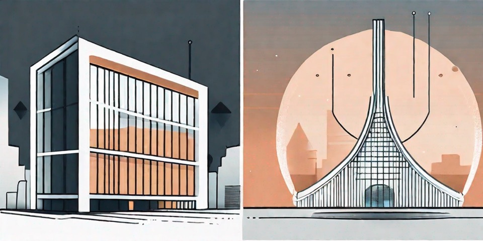 Two digital platforms represented by two different structures (like a modern building and a traditional tower)