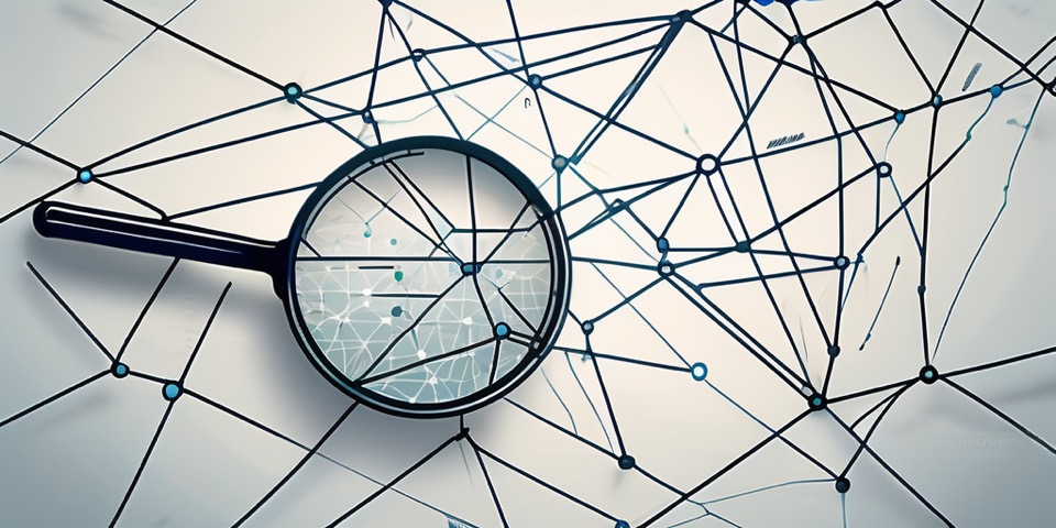 A magnifying glass hovering over a complex network of interconnected digital nodes
