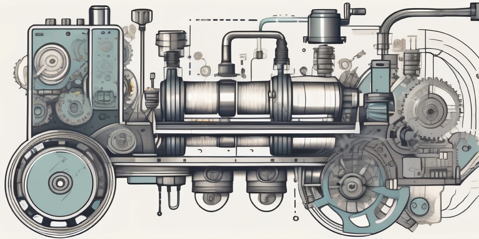 A complex machine with various parts representing different stages of b2b product marketing