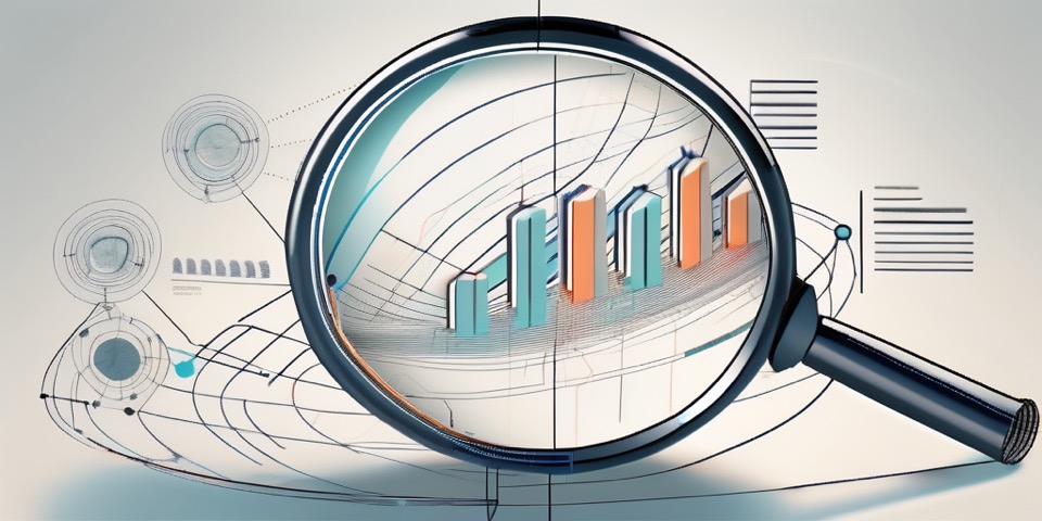 A magnifying glass focusing on a complex 3d diagram representing various interconnected market trends and data points
