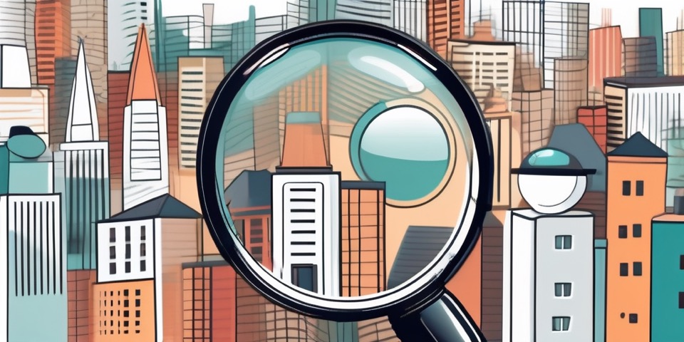 A magnifying glass hovering over a collection of variously shaped and colored abstract buildings