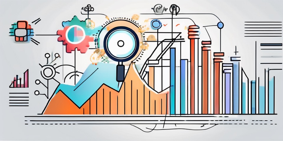 Draw an illustration of a dynamic graph with upward trends and various digital media icons (like social media