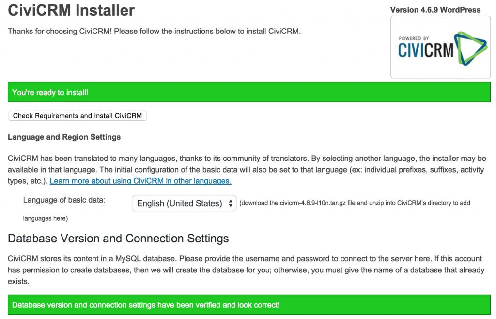 CiviCRM installer ready to install